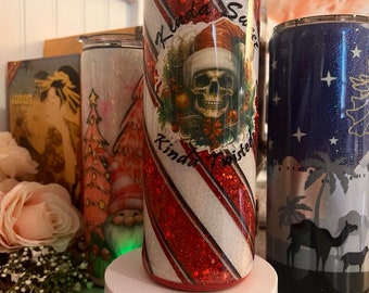 Candy Cane Skull Tumbler: Kinda Sweet Kinda Twisted, Glitter Epoxy Stainless Steel 20 oz