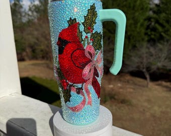 Rhinestone Cardinal Tumbler, Sparkly 30oz Bling Cup, Christmas, bird