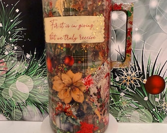 Christmas Scrapbook Tumbler, 22oz tumbler, With Handle,  Holiday gift, Christmas gift idea, vintage look, stainless steel tumbler, festive