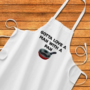 A man with a pan apron, Custom Apron, personalized Apron, Chef Apron, Womens Apron, Mens Apron, Unique Gift, Kitchen, House Warming Gift