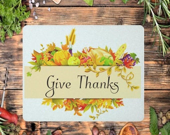 Give Thanks Custom Glass Cutting Board, Thanksgiving Hostess Gift, Fall Decor, Personalized Gift, Wedding Gift, Anniversary, Bridal Shower