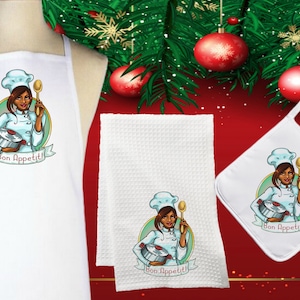 Personalized Chef Apron Set: African American Woman, Custom Kitchen Gift