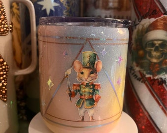 12 oz rocks/coffee tumbler, Nutcracker ballet, Drum, glitter, pastel nutcracker, mouse king, Christmas tumbler, steel, tumbler with lid