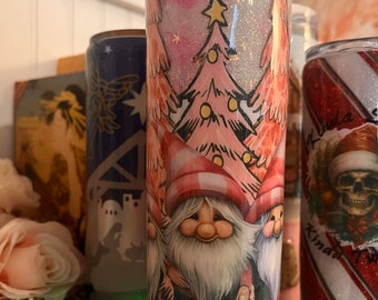 20 oz Stainless Steel Tumbler, Pink Christmas Gnomes, glitter Tumbler Christmas Cup, Pink Christmas