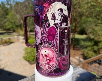 Halloween Scrapbook Tumbler, 40oz tumbler, Camp Mug style With Handle,  Feminine gift, Gothic style , vintage look, stainless steel tumbler