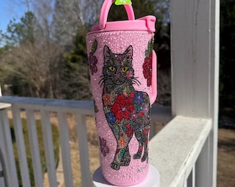 Rhinestone Floral Cat Tumbler: Handmade 40 oz Sparkling Kitty with flowers, bling cup