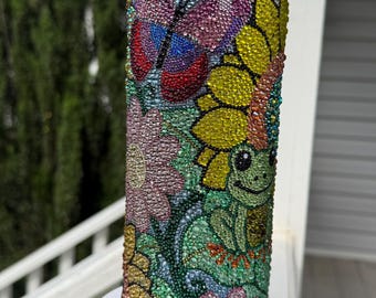 Rhinestone sunflowers with frog Tumbler, 25 ounce. Colorful bling cup, sparkling gems