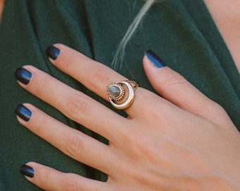 Bohemian Brass Ring | Half Moon, Natural Stone Amulet