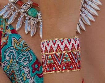 Wide Miyuki Delica Bead Cuff | Geometric Pattern Woven Bracelet | Adjustable Sliding Closure with Tassel | Handmade Boho Jewelry