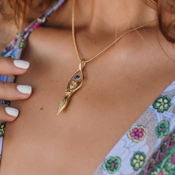 Mother Goddess Brass Pendant | Fertility Amulet with Cabochon Stone