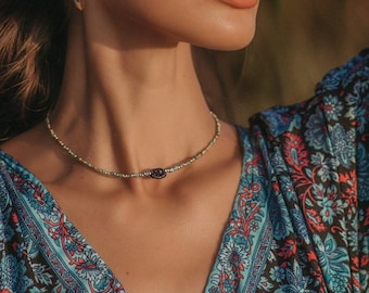 Golden Brass Bead Necklace with Semi Precious Stone Beads || Faceted Gem Stones Necklace || Adjustable Thin Gemstone Necklace