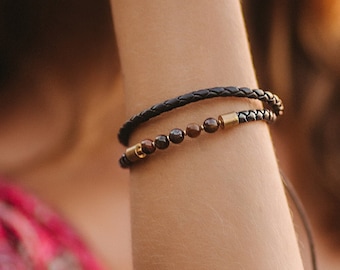 Braided Leather and Stone Adjustable Bracelet ||  Unisex Wristband
