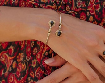 Twin Teardrop Gemstone Cuff Bracelet | Open Brass Bangle | Adjustable Boho Wrist Cuff | Vintage Inspired Bracelet