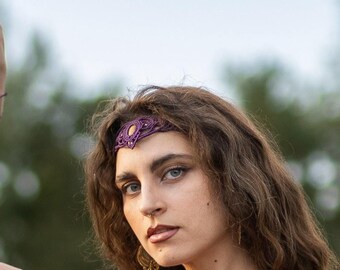 Purple Macramé Gemstone Tiara || Hand Woven Cotton Headband Adorned With Semi Preciouse Stone Cabochon || Elven Forehead Jewelry