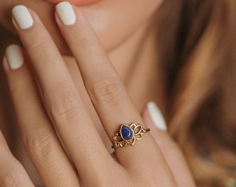 Lotus Adjustable Ring With Semi Precious Stone || Bohemian Chic Adjustable Brass Ring || Ethnic Ring Symbol of Spiritual Elevation