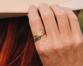 Leaves Pattern Adjustable Ring || Bohemian Chic Adjustable Brass Ring || Nature inspired ring