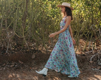 Original Back Bohemian Maxi Dress || Lightweight Floral Print Maxi Dress || Sleeveless Colorful Fluid Boho Dress