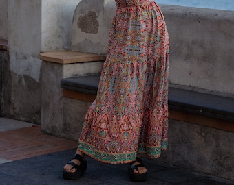 Long Bohemian Skirt || Paisley Print Flared Skirt || Fluid Petticoat with Ruffle ||  Elasticated Belt Boho Skirt || Bohemian Clothing