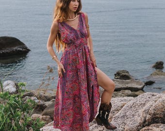 Goddess V Neckline Long Dress || Pink Bohemian Dress With Open Back  || Paisley Print Polyester Dress with Adjustable Shoulders