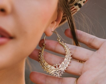 Decorated Hoop Earrings || Ethnic Hoops || Bohemian Brass Earrings