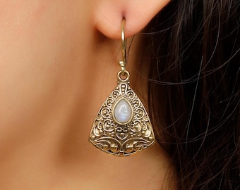Medieval Inspired Engraved Dangle Earrings With Natural Stones || Ethnic Brass Earrings With Drop Shape Semi Preciouse Stone