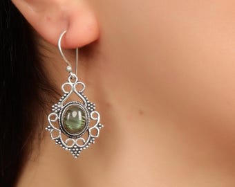 Vintage Openwork Brass Earrings with Natural Gemstone | Ethnic Medieval Inspired Dangle Earrings | Artisan Bohemian Jewelry