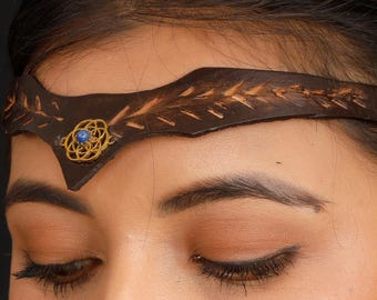 Leather Viking Gemstone Tiara  Adorn With Sacred Geometry Sign, Celtic Headband Adorned Flower Of Life Brass Motif, Elven Forehead Jewelry