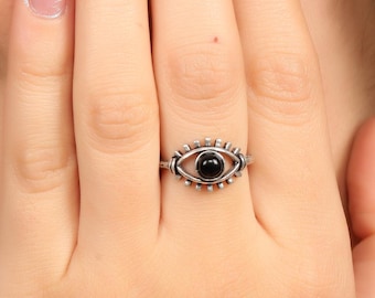 Brass Eye Ring | Adjustable Brass Ring | Evil Eye Ring | Silver Tone Ring | Natural Stone Ring