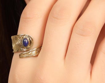 Brass Spiral Ring | Adjustable Wrap Around Brass Ring | Golden Tone Ring | Natural Stone Ring | Boho Statement Ring