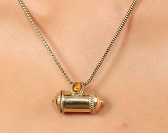 Cylindrical Brass Prayer Box Necklace With  Ovale Gemstone  | Golden Capsule Amulet Pendant |  Spiritual Talisman | Secret Message Locket