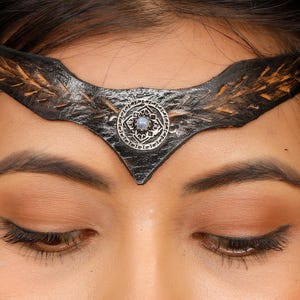 Leather Viking Tiara  Adorn With a brass mandala Motif enhanced with a gemstone , Celtic Headband , Elven  Forehead Jewelry