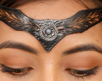 Leather Viking Tiara  Adorn With a brass mandala Motif enhanced with a gemstone , Celtic Headband , Elven  Forehead Jewelry