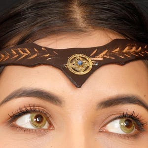 Leather Viking Tiara  Adorn With a brass mandala Motif enhanced with a gemstone , Celtic Headband , Elven  Forehead Jewelry