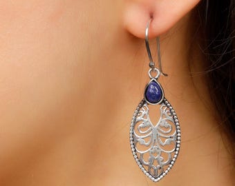 Handmade Brass Openwork Earrings: Ethnic Teardrop Stone Adornment