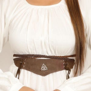 Medieval Suede Belt Decorated With Brass Celtic Snake Knot || Decorative Pointy Cut Handmade Waistband Adorned With Powerful Mystic Sign