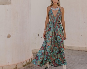 Green Bohemian Long Paisley Print Halter Dress || Colorful Polyester Backless Summer Maxi  Dress || V Neckline Lightweight Free size Dress