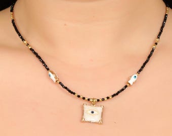 Evil Eye Beaded Necklace | Ethnic Protective Jewelry | Black Bead Brass Necklace | Spiritual Talisman Pendant | Minimal Tribal Necklace