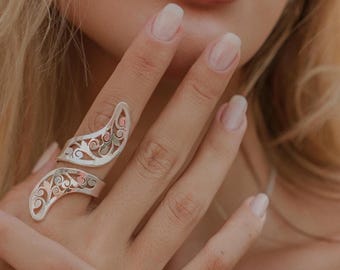 Boho Filigree  Long Wraparound Statement Ring in Brass – Handcrafted Openwork Adjustable Ring, Ethnic Tribal Festival Jewelry