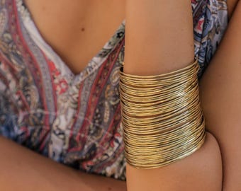 Oversized Wide Brass Ethnic Bohemian Minimalist Multi-Row Adjustable Cuff Bracelet || Modern Brass Nomadic Jewelry