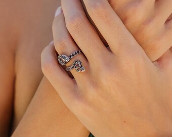 Patina Silvered Snake Adjustable Ring || Mystic Ancient Symbole Ring || Gothic Serpentine  Brass Ring ||  Snake Jewelery