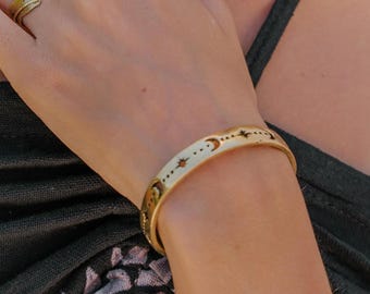 Golden Flat Bohemian Adjustable Cuff Bracelet Decorated With  Cut-Out Crescent Moon and Star motifs || New Age Celestial Brass Jewelry