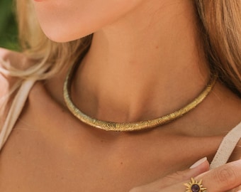 Golden Ethnic Brass Choker Necklace || Floral Engraved Boho Torque Necklace || Patterned Tribal Necklace || Women's Collar Necklace