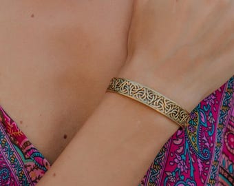 Flat Brass Cuff Bracelet Engraved With Celtic-Influenced Interlacing Patterns || Bracelet Adorned With Nordic-Inspired Geometric Patterns