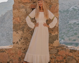 Handmade Viscose Maxi Dress: Medieval Inspired Off-White Gown With Floral Ribbon