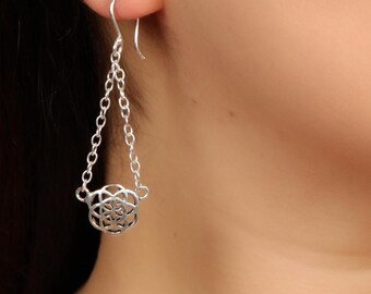 Boho Sacred Geometry Earrings | Ethnic Chain Brass Dangle Earrings | Oriental Mandala Jewelry | Spiritual Flower Of Life Earrings