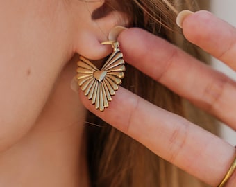 Ex Voto Inspired Embossed  Brass Hoop Earrings || Atypical Small Pointed Hoops Adorn With A Heart Design In Center || Contemporary Earrings