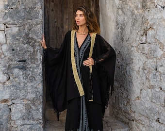 Bohemian Black Franges Kimono || Hemp Poncho With Ethnic Hand Printed Border || Natural Material  Kimono || Chamanic Block Print  Boho Vest