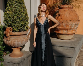 Ethnic Patterned Fringe Dress || Low Back Raw Cotton Dress || Black Vegetable Dye Backless Dress || Long Bohemian Dress