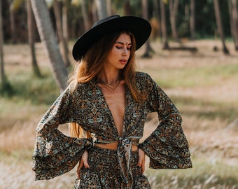 Bohemian Chic Wrap Top || Umbrella Sleeves Fluid Top || Flowery Print Crop Top || Long Sleeves Top