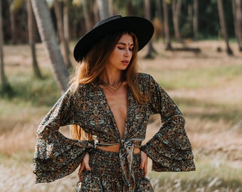 Bohemian Chic Wrap Top || Umbrella Sleeves Fluid Top || Flowery Print Crop Top || Long Sleeve Top